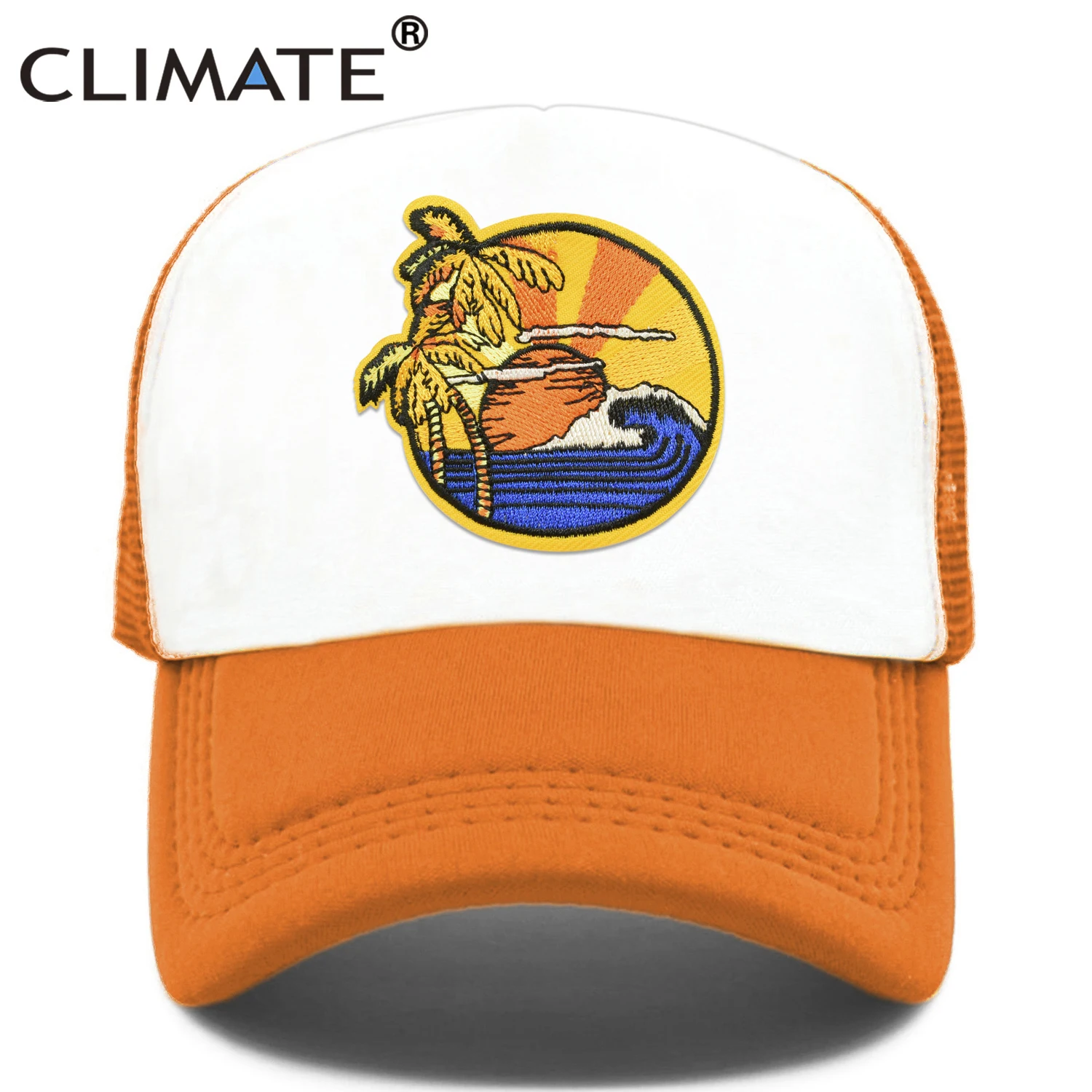 CLIMATE Seaside View Trucker Cap Hat Sandbeach Sight Vacation Cap Coconut Holiday Mesh Cap Surfing Sunrise Sea Wave Cool Hat Cap