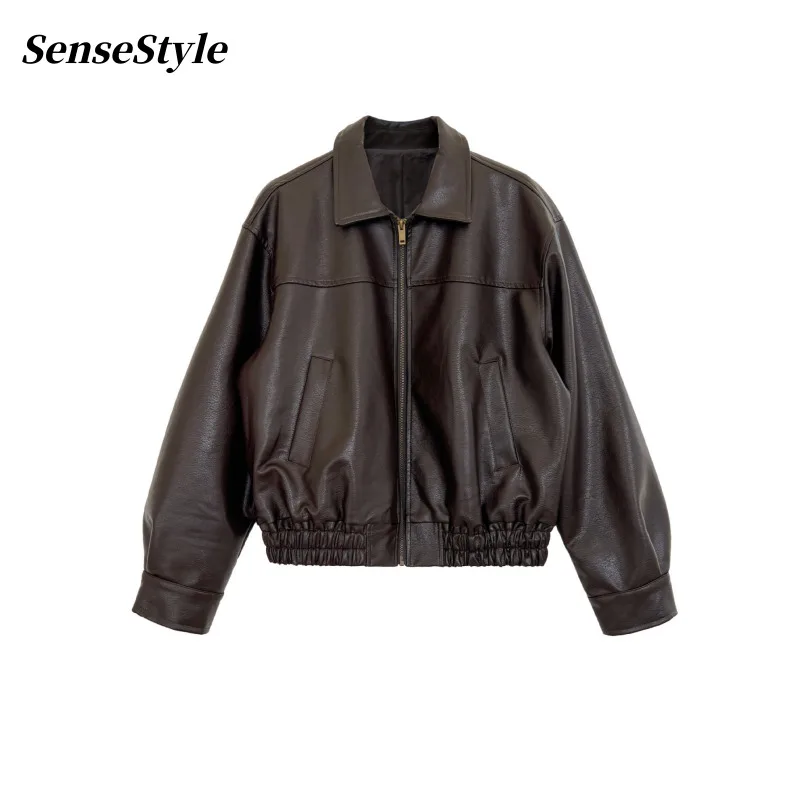 

Autumn Lapel Pu Leather Jacket Women Korean Motorcycle Style Zipper Long Sleeve Loose Casual Coat
