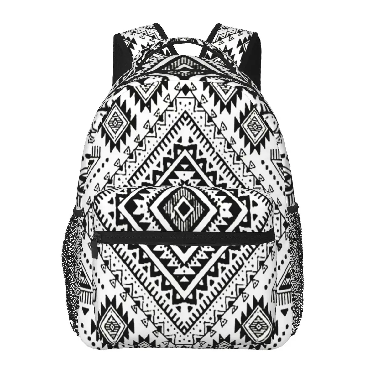 

White Bohemian Ethnic Tribal Print Student Backpack School Bag Hiking Travel Daypack for Men Women Fashion Bookbag Shoulder Bags