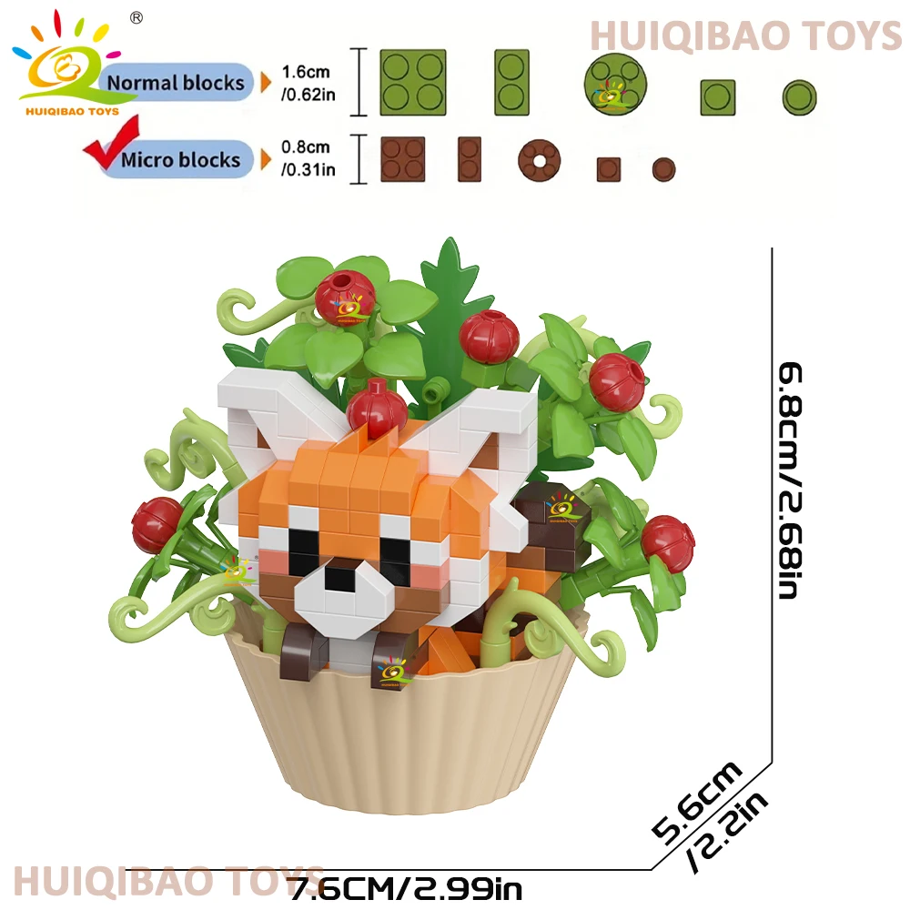 HUIQIBAO Cartoon-Tier-Cupcake-Topf Mikro-Baustein-Set Fuchs Welpen Katze Haustier Blumenstrauß DIY-Bausteine Tischdeko Spielzeug – Detail 7