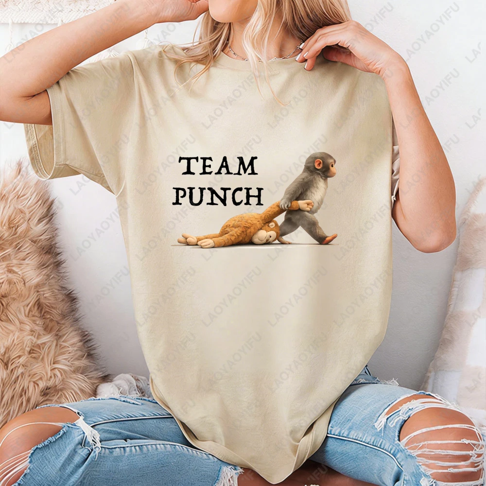

Team Punch Monkey T-Shirt Women Men Funny Monkey Dragging Plush Graphic Crew Neck Short Sleeve Cotton Top Humor Animal Meme Tee