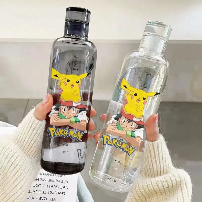 500ML Pikachu Sports Water Cup Cute Cartoon Plastic Cup with Time Scale Water Bottle Students Outdoor Couple Cup