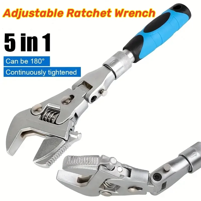 T50 Ratcheting Wrench Universal Maintenance 180 Degree Folding 10-Inch Pulley 5 In 1 Adjustable Torque With Rotating Head Tools