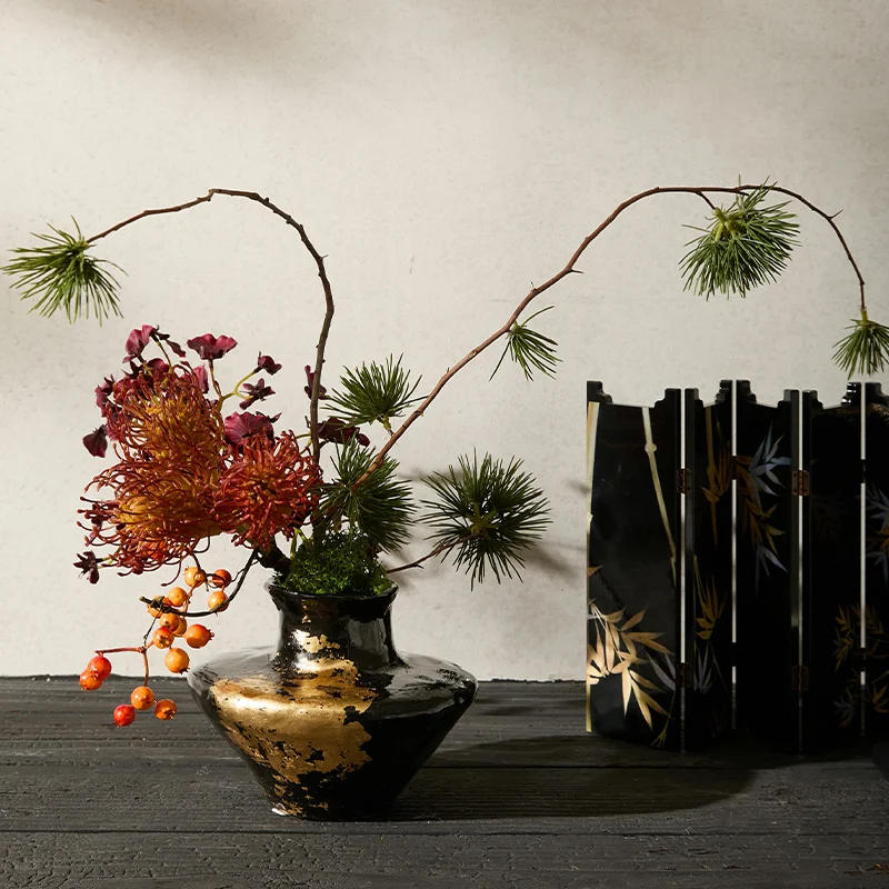 

Керамическая ваза ручной работы с золотым декором, художественный поднос в новом китайском стиле, украшение для гостиной, для B&B и кабинета