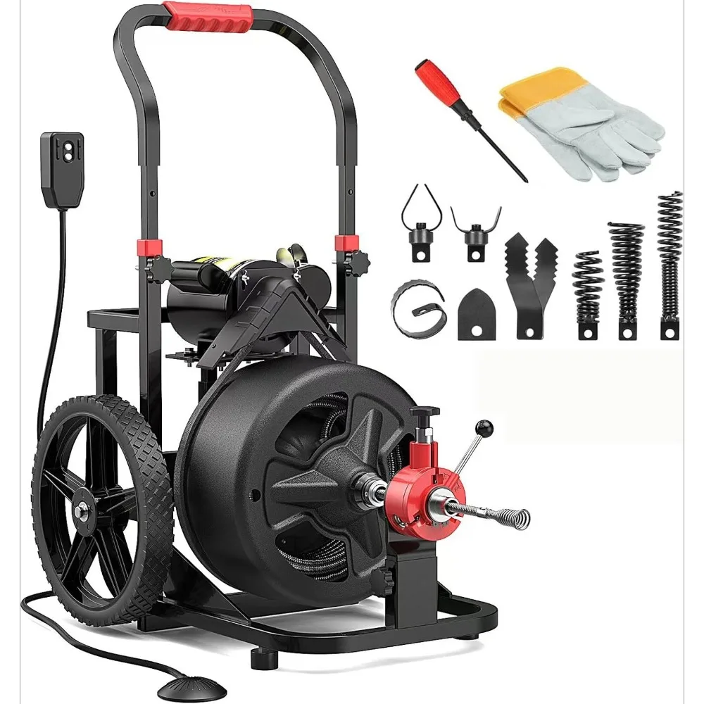 

Auto Feed 100 FT×1/2" Electric Drain Snake With Mobile 12” Wheel,700W Drain Auger Includes 8 Cutters Suitable For 2-4”