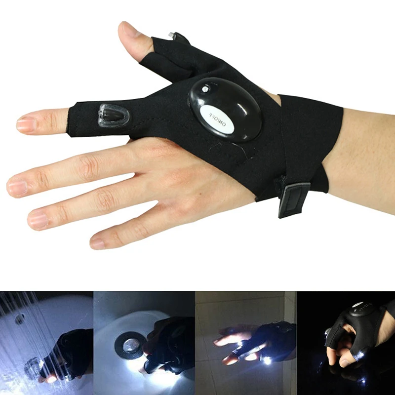 1 Pair Outdoor Fishing Magic Strap Fingerless Gloves Night Light Waterproof Fishing Gloves with LED Flashlight Rescue Tools