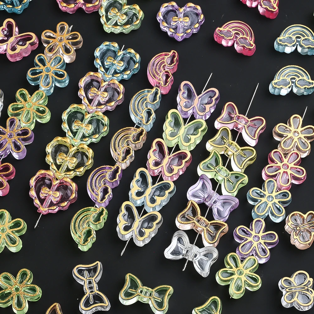 20 Stück goldfarben verzierte transparente Acrylperlen in Schmetterlings-, Herz- und Blumenform als Abstandshalterperlen für die Schmuckherstellung, DIY-Armbänder und Halsketten – Detail 13