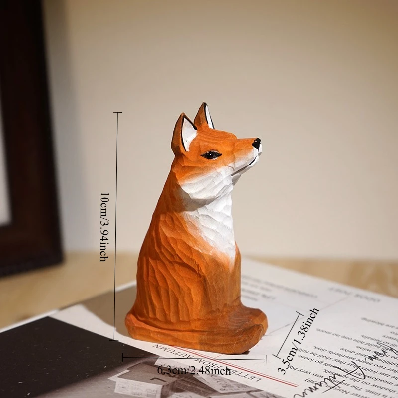 Crimson Fox Hand Carved Wood Sculpture Wilderness Animal Figurine Office Desk Accent Decorations Handcraft Wooden Fox Ornament