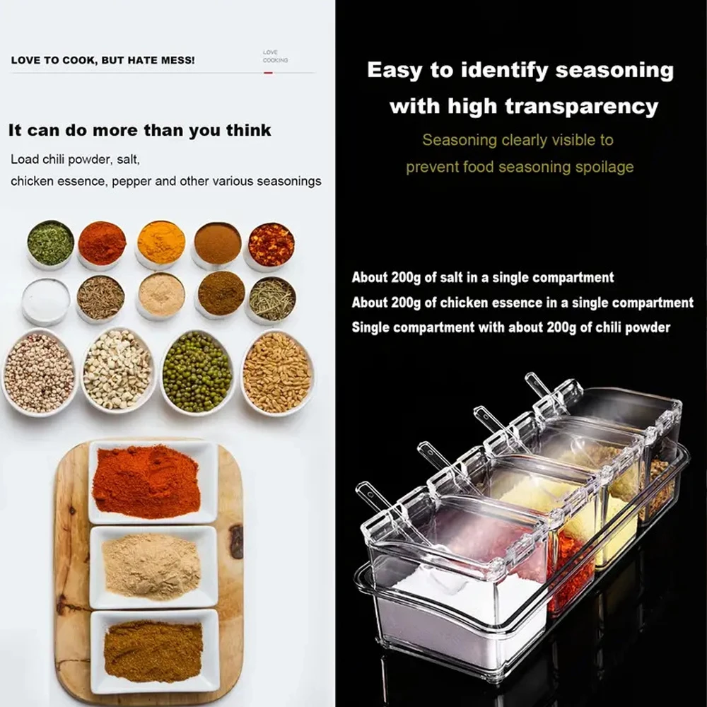 4 Grids Kitchen Transparent Seasoning Box Storage Container Condiment Jars Clear Acrylic Seasoning Box with Cover and Spoon