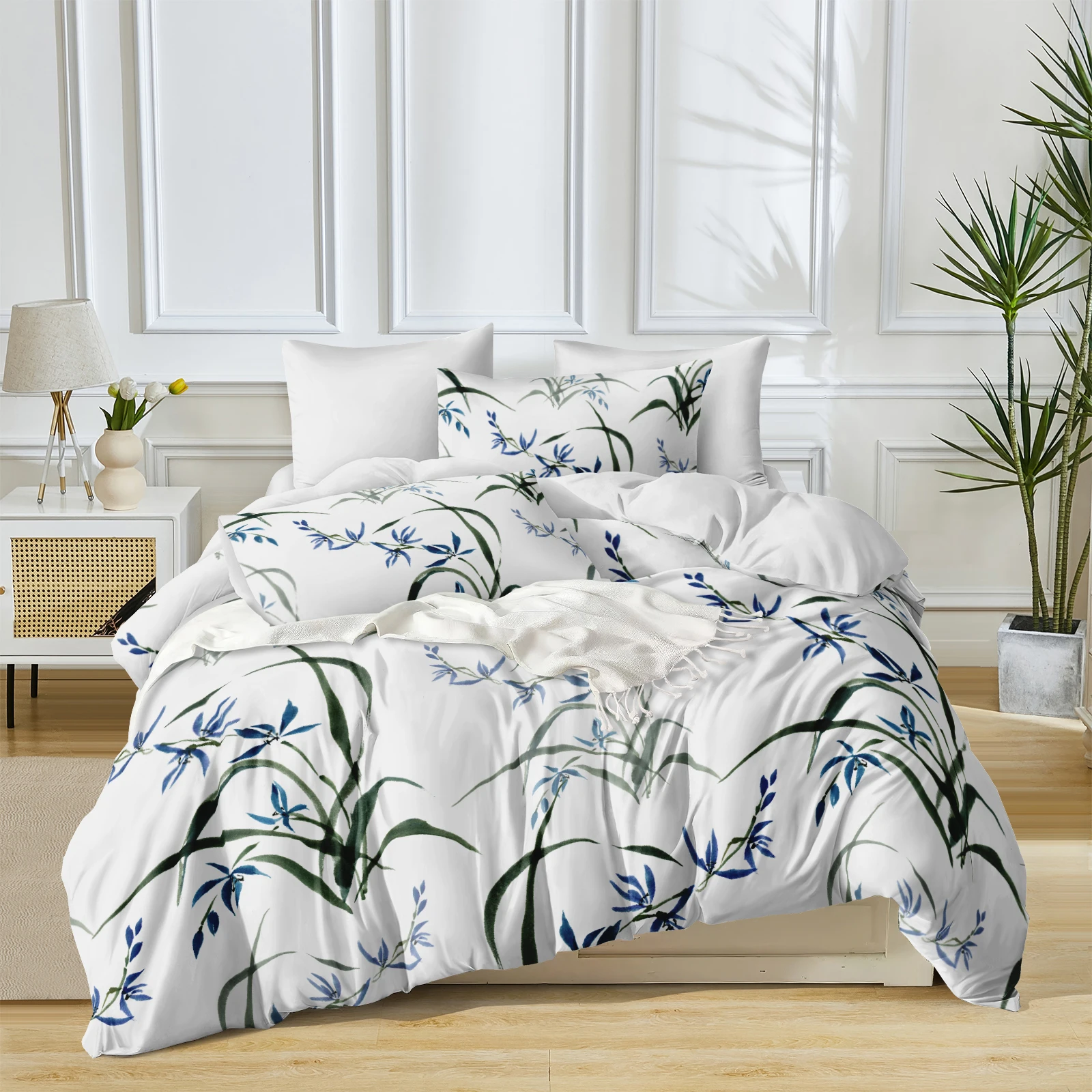 Green Leaves Bedings Cover Vintage Botanical Bedding Sets Bamboo Leaves Duvet Cover Set Cottage Comforters Quilt with Pillowcase