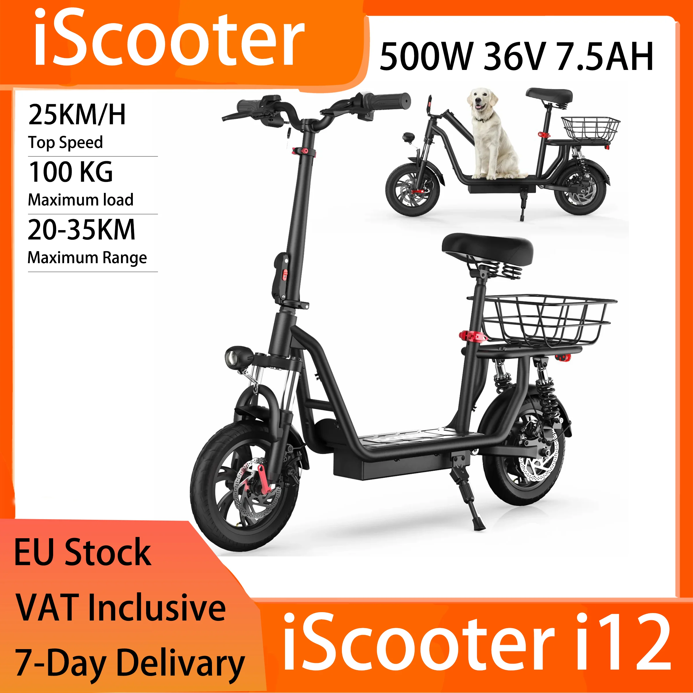 iScooter i12 12" Scooter électrique pliant - 500W 36V 7,5AH, 25 km/h, siège panier, double suspensions, frein à disque, pneus pneumatiques, noir