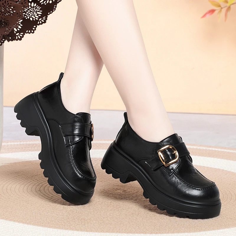 Womens Height Boosting Black Leather Platform Loafers Gold Buckle Non Slip Sole Comfortable Retro Casual Footwear New Arrival