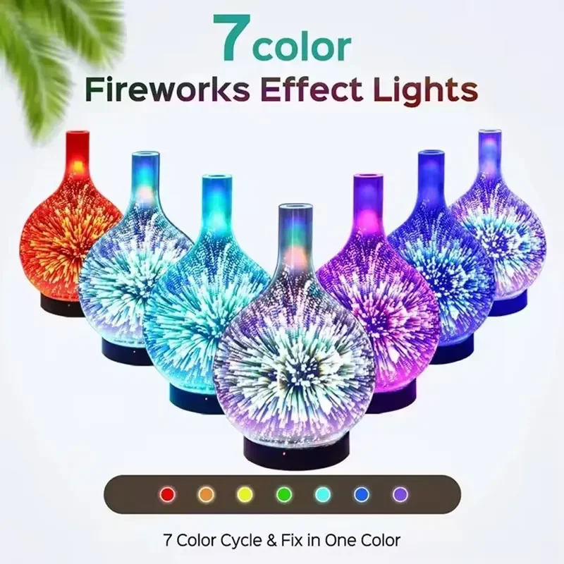 Fireworks 3D Air Humidifier Glass Aromatic Machines Ultrasonic Essential Oil Aroma Diffuser 4 Timing 7 LED Lights 100ml for Home