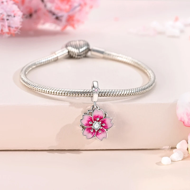 Original 925 Sterling Silver Charms Double Layered Rotating Cherry Blossom Pendant Fit Original Bracelet For Women DIY Jewelry