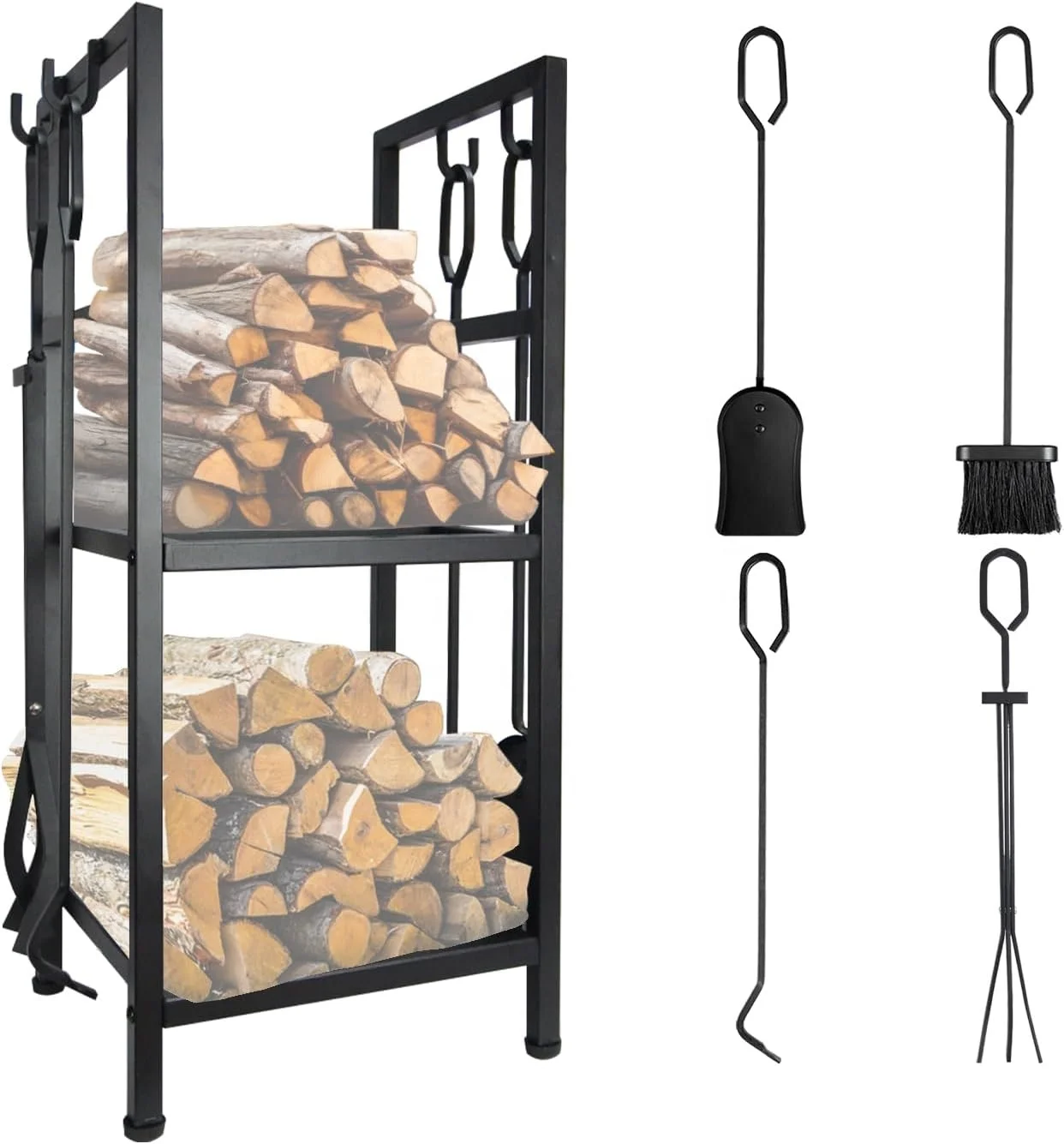 

VODA Firewood Tools Rack Fireplace Rack Outdoor Indoor 2-Tier Firewood Holder with 4 Fireplace Tools