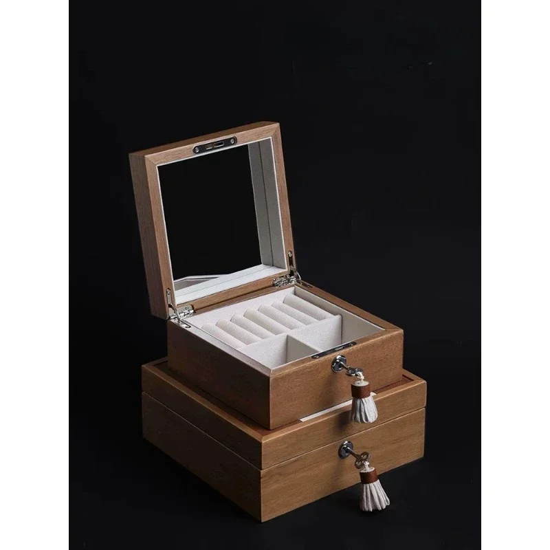 First layer leather color matching large capacity with makeup mirror jewelry/storage box