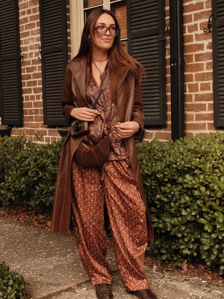 

HH женская мода 2025 года, комплект из 2 предметов в стиле ретро, однобортная пижама с лацканами пейсли, рубашка с принтом + повседневные брюки на шнуровке с высокой талией