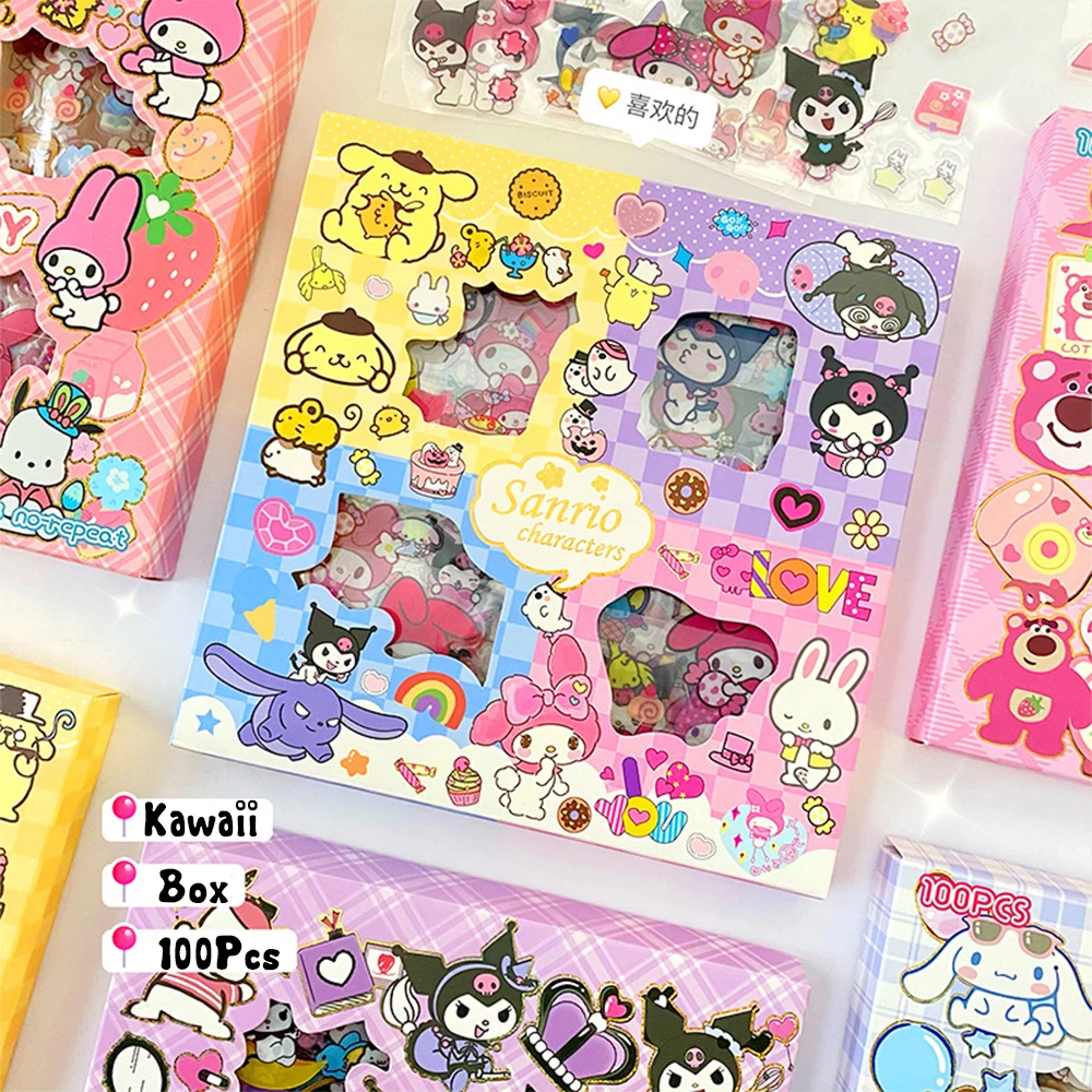 100Pcs Sanrio Kuromi Melody Cinnamoroll PET Transparent Waterproof Stickers Cartoon DIY Stationery Hand Ledger Sticker Gift Box