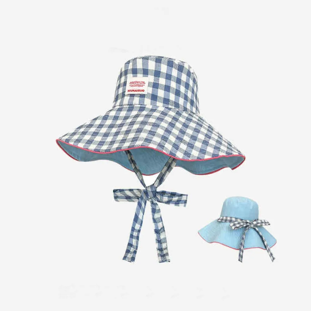 

Fashion Summer Plaid Bucket Cap Tie Strap Wide Brim Sunscreen Hat Sweet Two-sided Fisherman Caps Travel