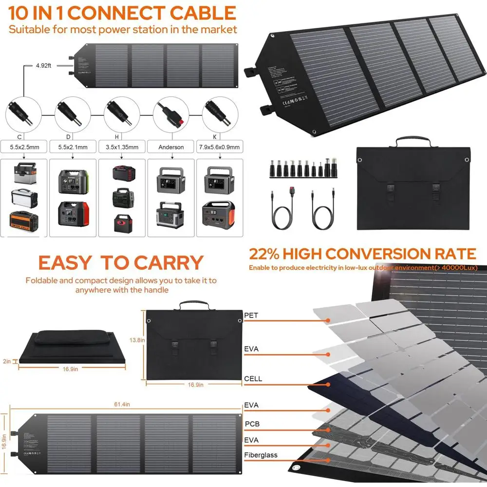 

Солнечная панель 100 Вт с выходом постоянного тока 18 В и USB-портами для портативного питания и активного отдыха на природе