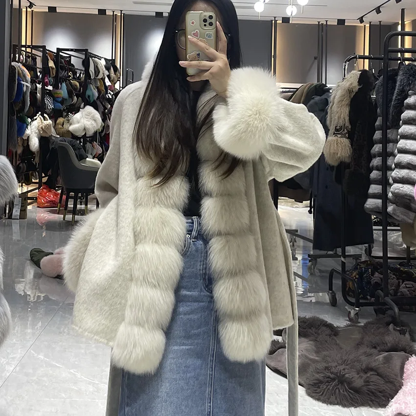 JANEFUR Women's Winter Wool Coat Real Fox Fur Front Placket & Cuff Trim Stand Collar Elegant Ladies Woolen Warm Jacket Outerwear