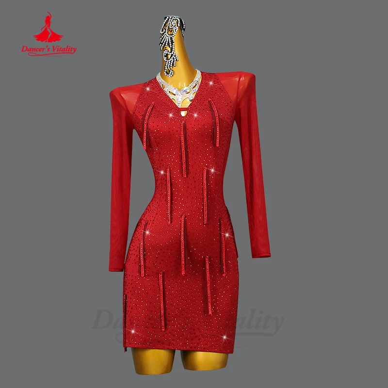 

Latin Dance Dress for Women Professional Wine Red Competition Clothing Long Sleeve Tassel Skirt Customsized Child Latin Dresses
