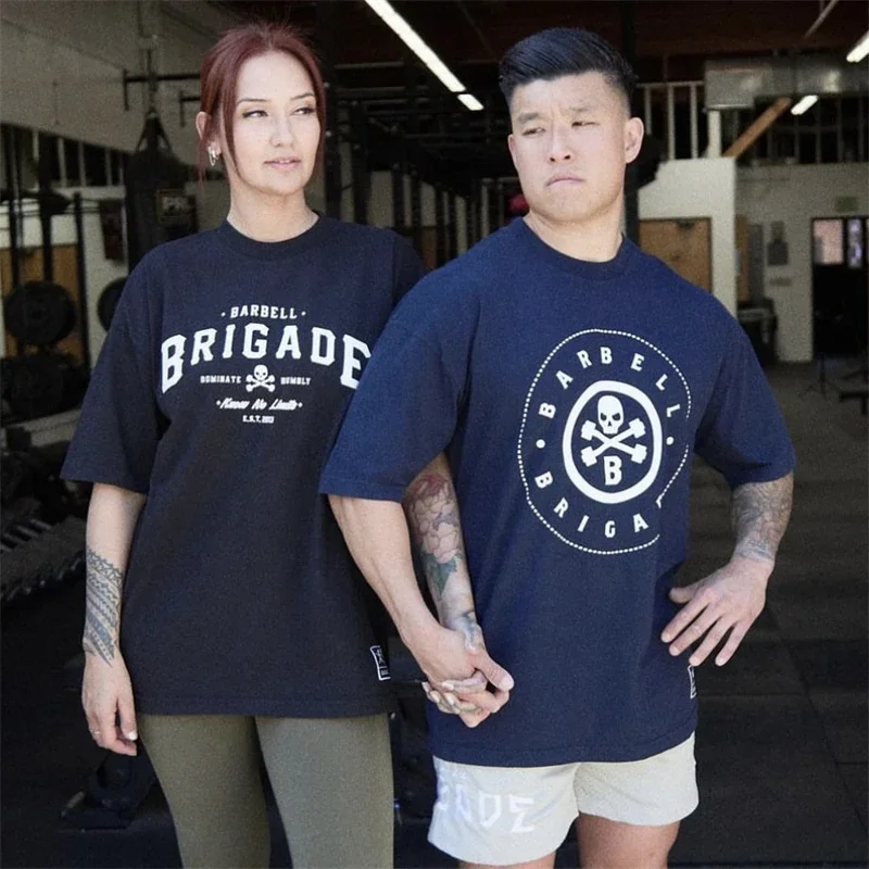 BARBELL męskie t-shirty sportowe z krótkim rękawem męskie siłownia Fitness luźne koszulki ponadgabarytowe unisex miękka bawełniana odzież Tees