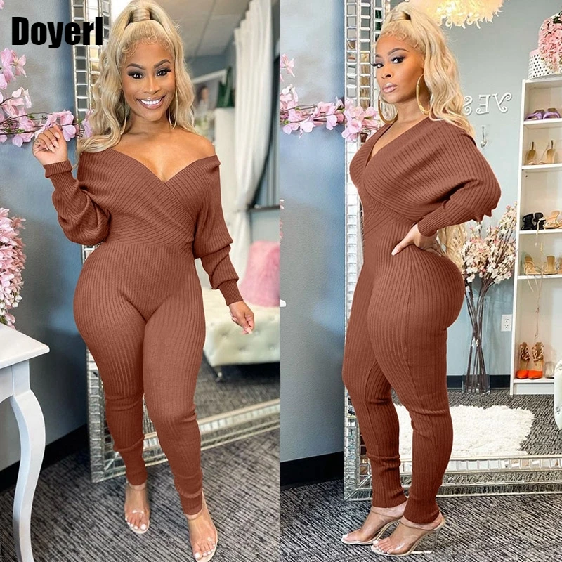 

Ribbed Knitted Bandage Bodycon Jumpsuit for Women Overall One Piece Outfit Long Sleeve Off Shoulder Sexy Rompers Womens Jumpsuit