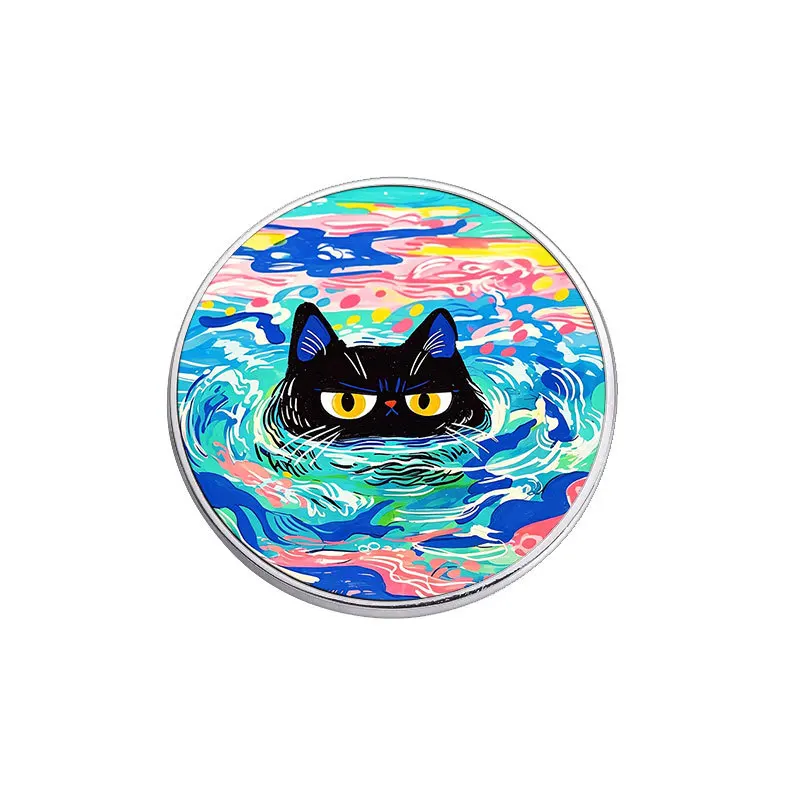 Enamel Pin Hand Drawn Waves Black Cat Round Brooch Contrasting Oil Painting Cat Badge Niche Personality Handbag Clothing Pin