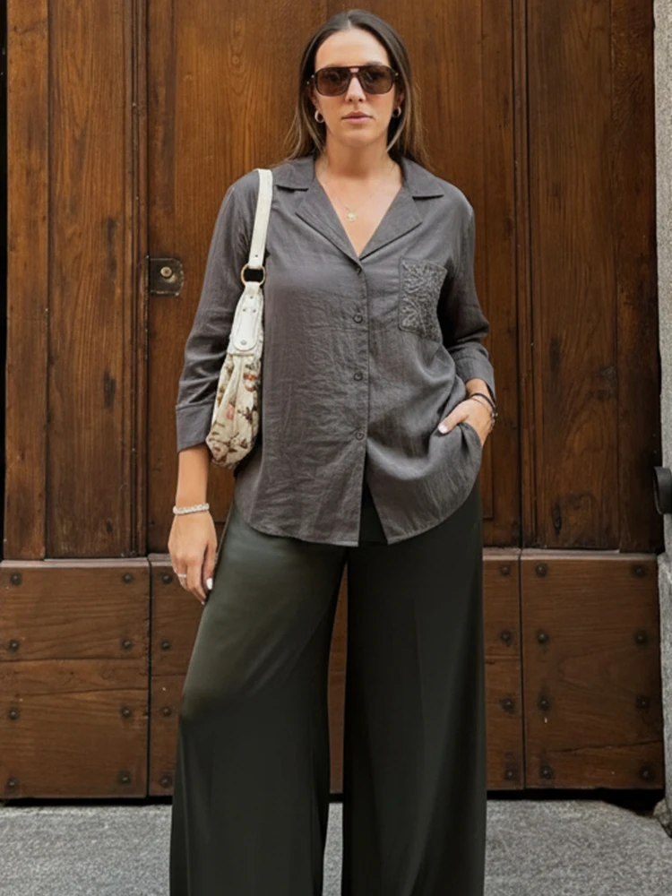 HH أزياء المرأة جيب مطرزة مزين قميص الربيع الصيف عارضة طويلة الأكمام فضفاضة بلون عطلة البلوزات