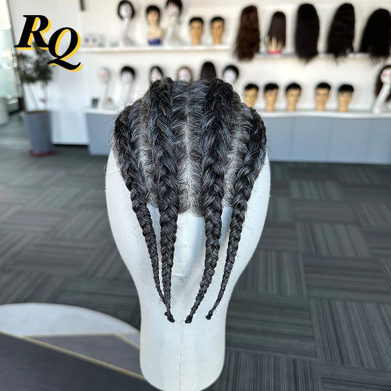 Wig kepang untuk pria, rambut palsu Loc 240 warna rambut manusia kepang hiasan rambut kulit tipis dasar Pu pengganti rambut palsu pria