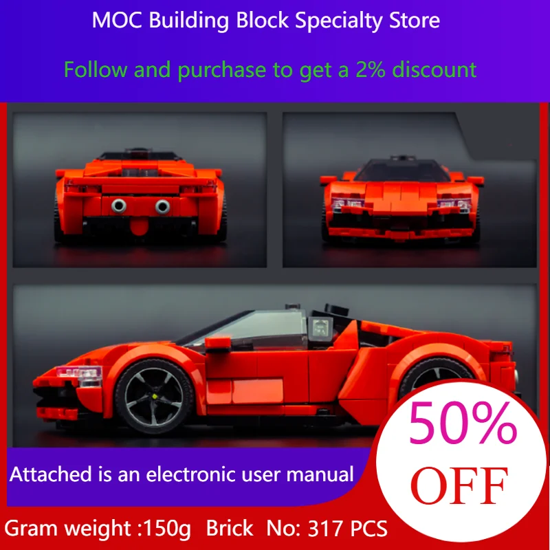 

317 деталей MOC, строительный блок, модель автомобиля, городская скорость SF90, красный спортивный рождественский подарок для взрослых и детей