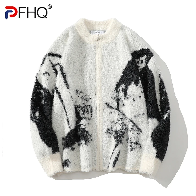 PFHQ Autumn Winter Cardigan Jacket Zipper Knit Sweater Round Neck Contrast Color 2024 Long Sleeve Male Tops Fashion 21Z6354