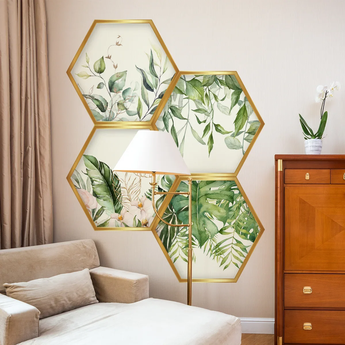 Set of Four Style Green Plants Motifs hexagon Wall Decals for Living Room and Bedroom Background Decoration Self-adhesive PVC