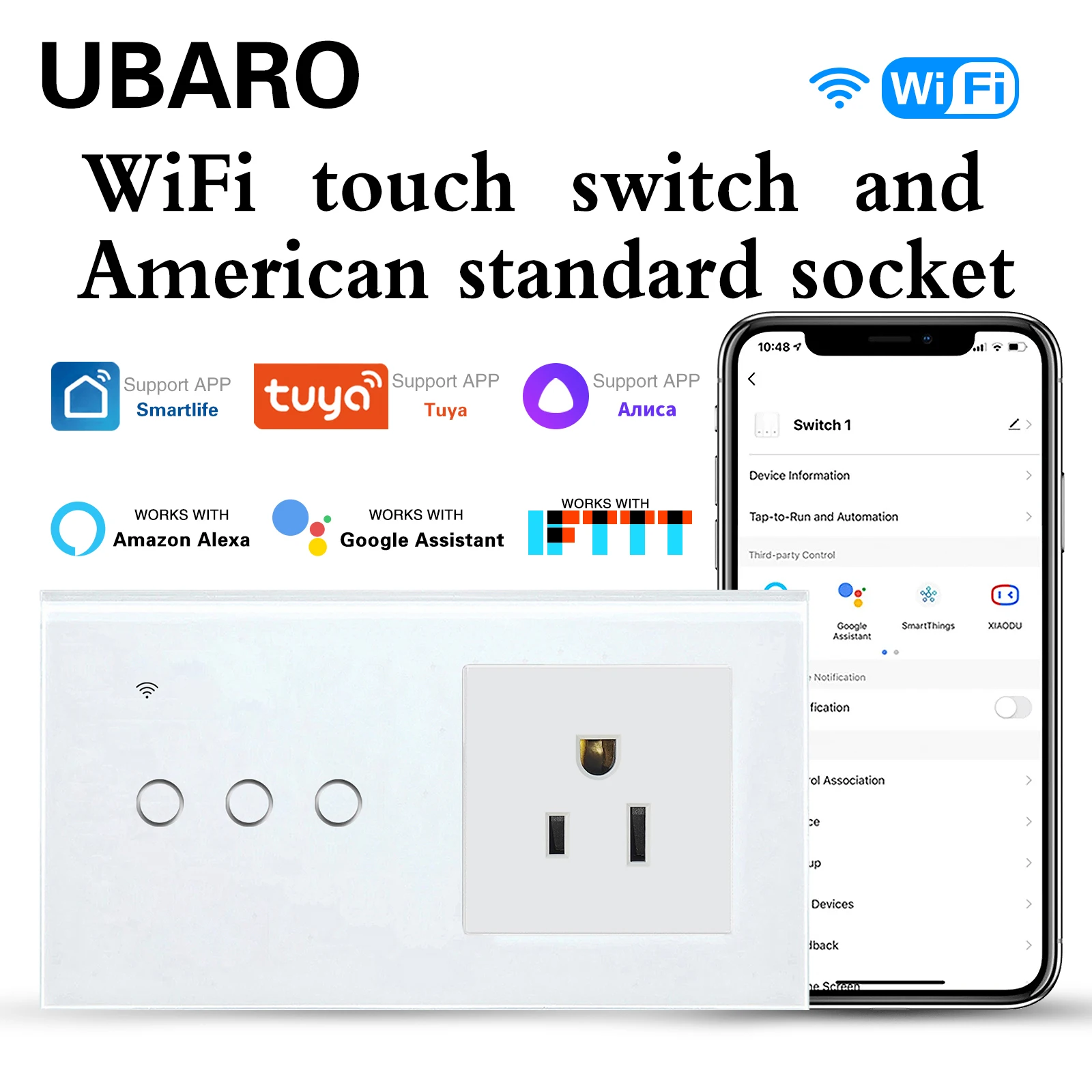 US Type Socket With Smart Wifi Touch Switch Glass Panel Sensor Button Work With Google Home Tuya Alexa Voice Control interruptor