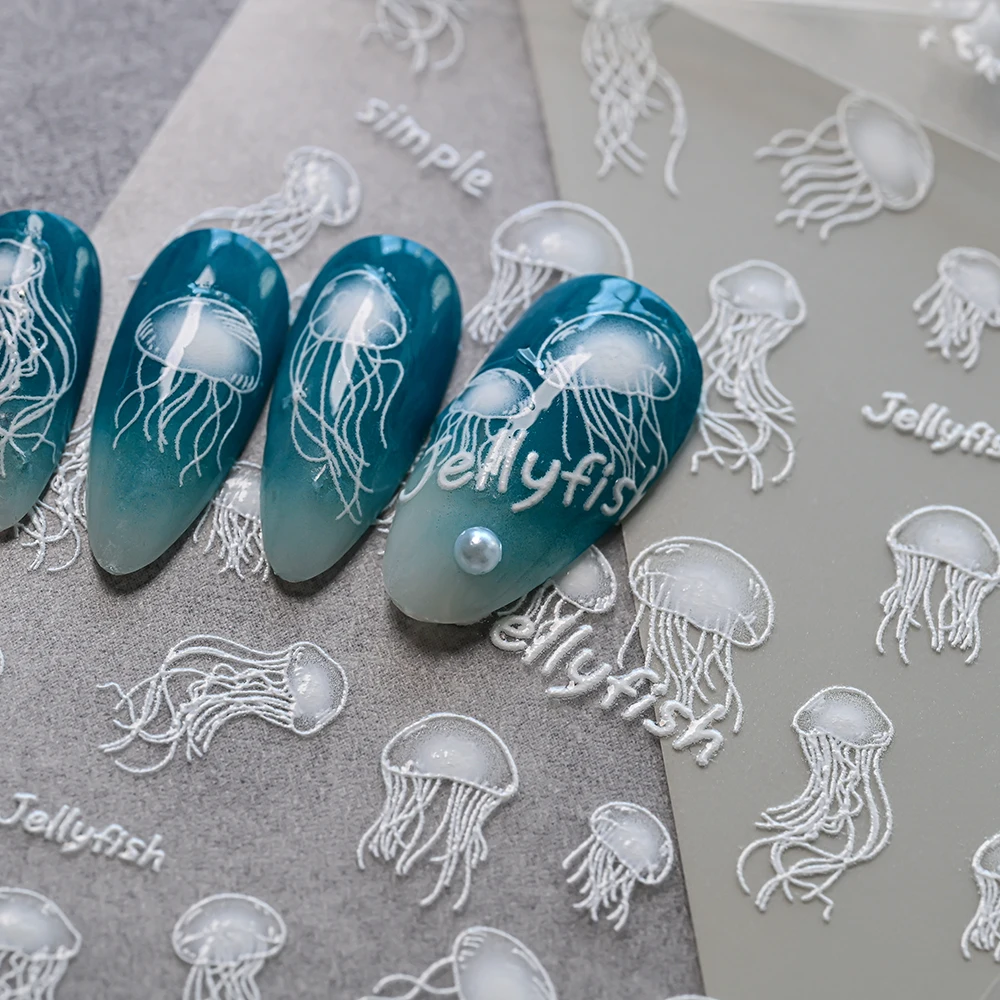 1 unidad de pegatinas de uñas 5D con relieve de medusas, verano, océano, diseño del mundo del mar blanco, calcomanías para uñas, decoración de manicura deslizante