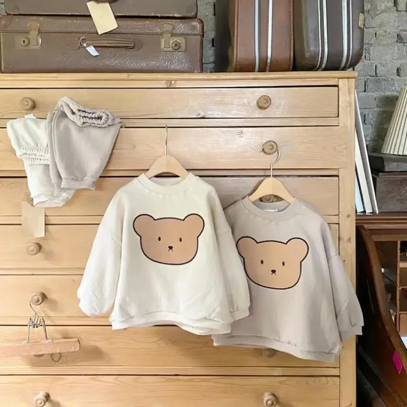 2024 Autumn Baby Girl Clothing Set Infant Cartoon Bear Print Tops + Pants 2 Pieces Suit Toddler Boys Cotton Sweatshirt Trousers