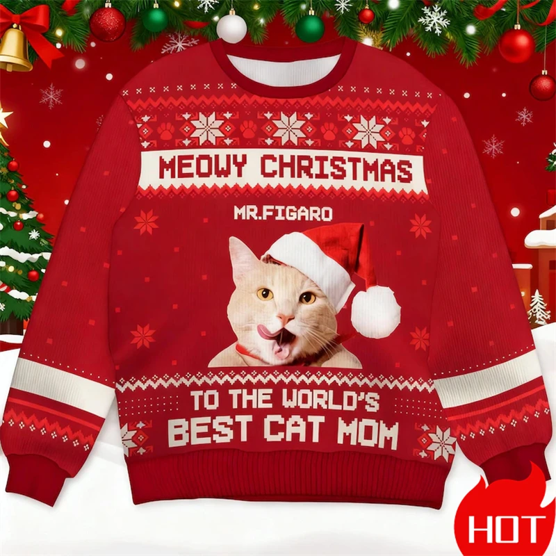 Custom Pet Cat Face Family Ugly Sweaters Funny Personalized Christmas Sweatshirts Customized Sweatshirts Unisex 3D Print Tops