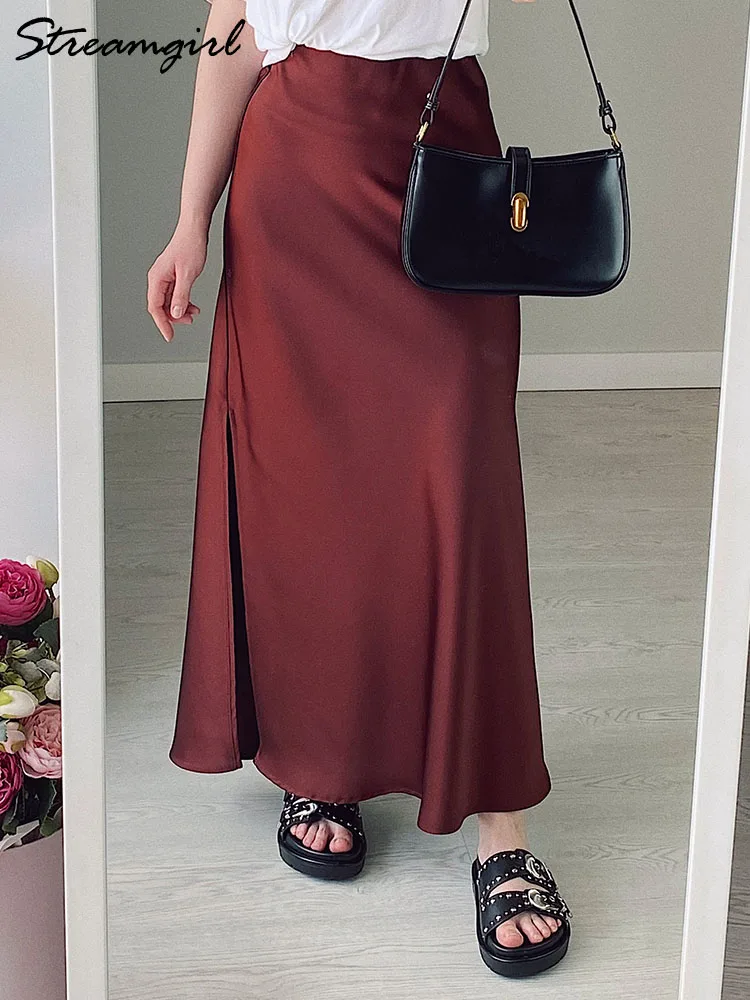 Black Slit Satin Silk Skirt Women Maxi Spring Summer 2025 Elegant A Line Slit Skirt Satin Ladies Office Long Skirts For Women