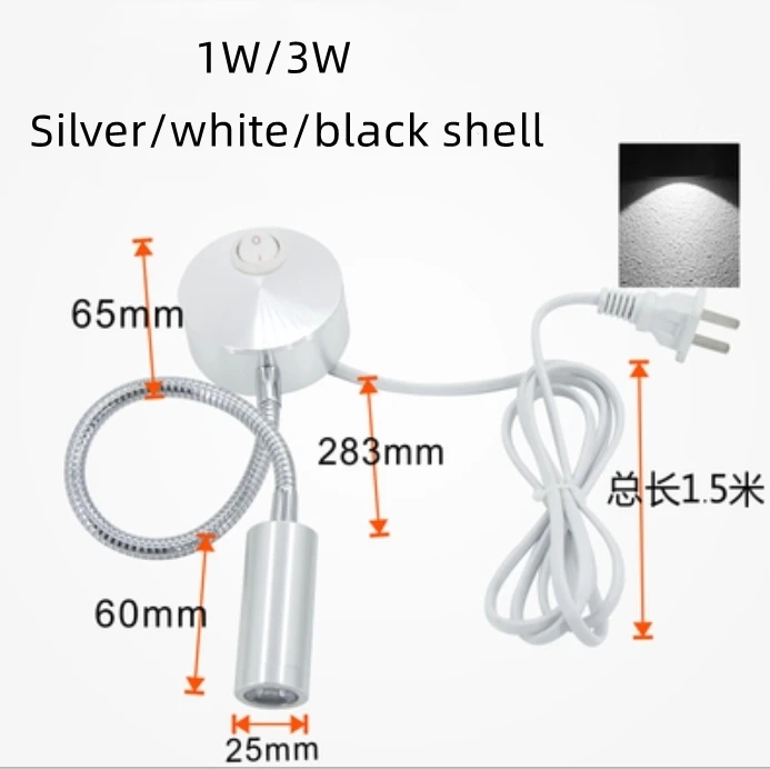 

Plug Wired Flexible 1W 3W Led Wall Light Sconce Lamp Lighting for Bedroom Reading Bathroom with Plug, black white Silver shell