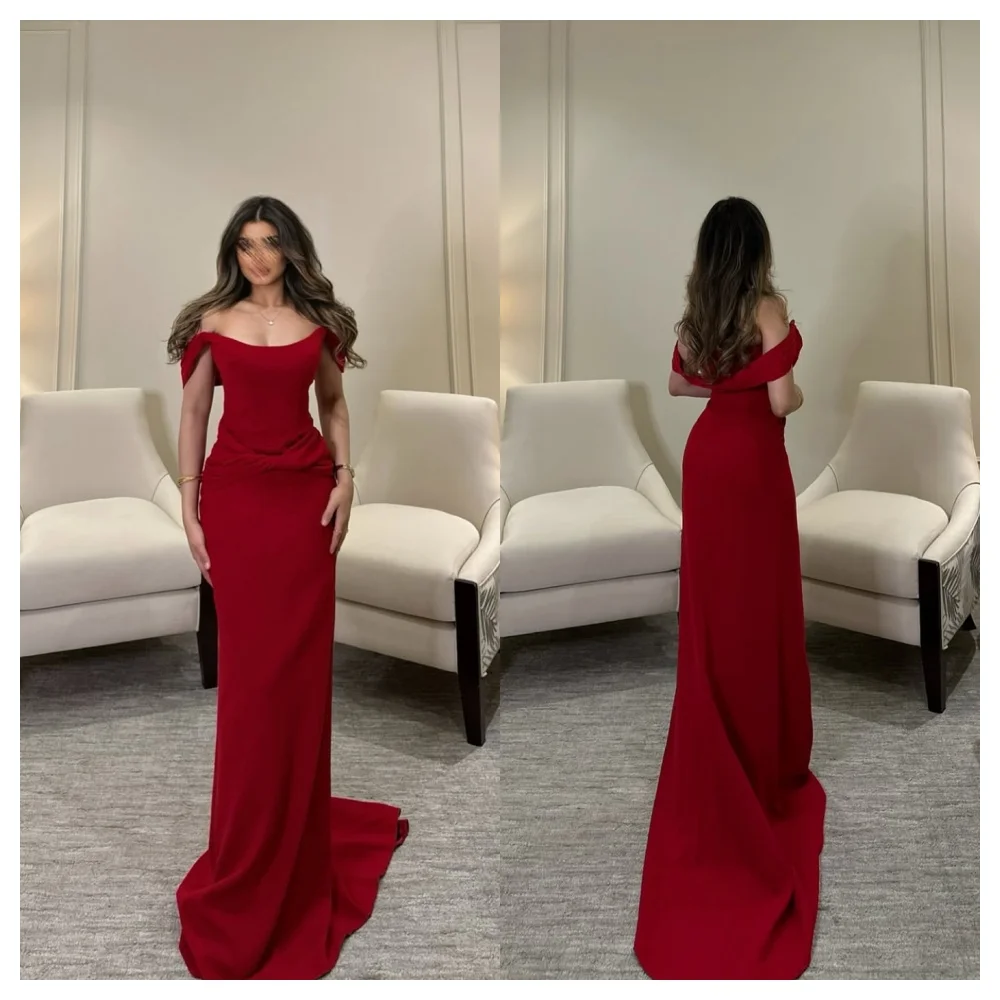 

Customized Classic Red Jersey Evening Dress Fashion Boat Neck Off the Shoulder Sleeveless Party Dress Elegant Celebrity Gowns