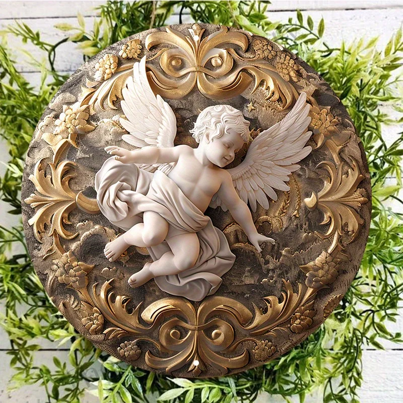 White-Haired Angel Boy Round Aluminum Wall Sign, UV and Scratch Resistant, Wall Art, Home Decor, 8x8 Inch (20x20 cm),  1Pc