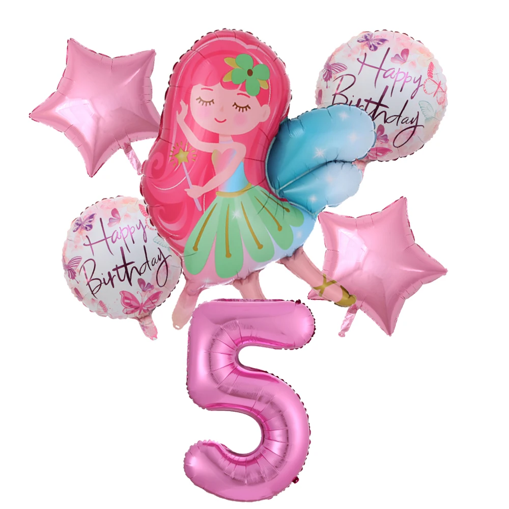 6 szt. Balony dla mała wróżka dziewczynek motyl z folii słonecznikowej balon 32-calowy różowe cyfry balon 1-9 lat dziewczynka urodziny Decorat — zdjęcie 7