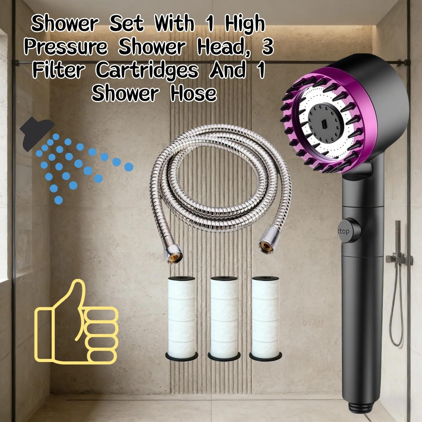 

5PCS Black Purple High Pressure Water Saving Shower Head Set 3Modes Adjustable One Key Water Stop with 3 Filter 59in Shower Hose