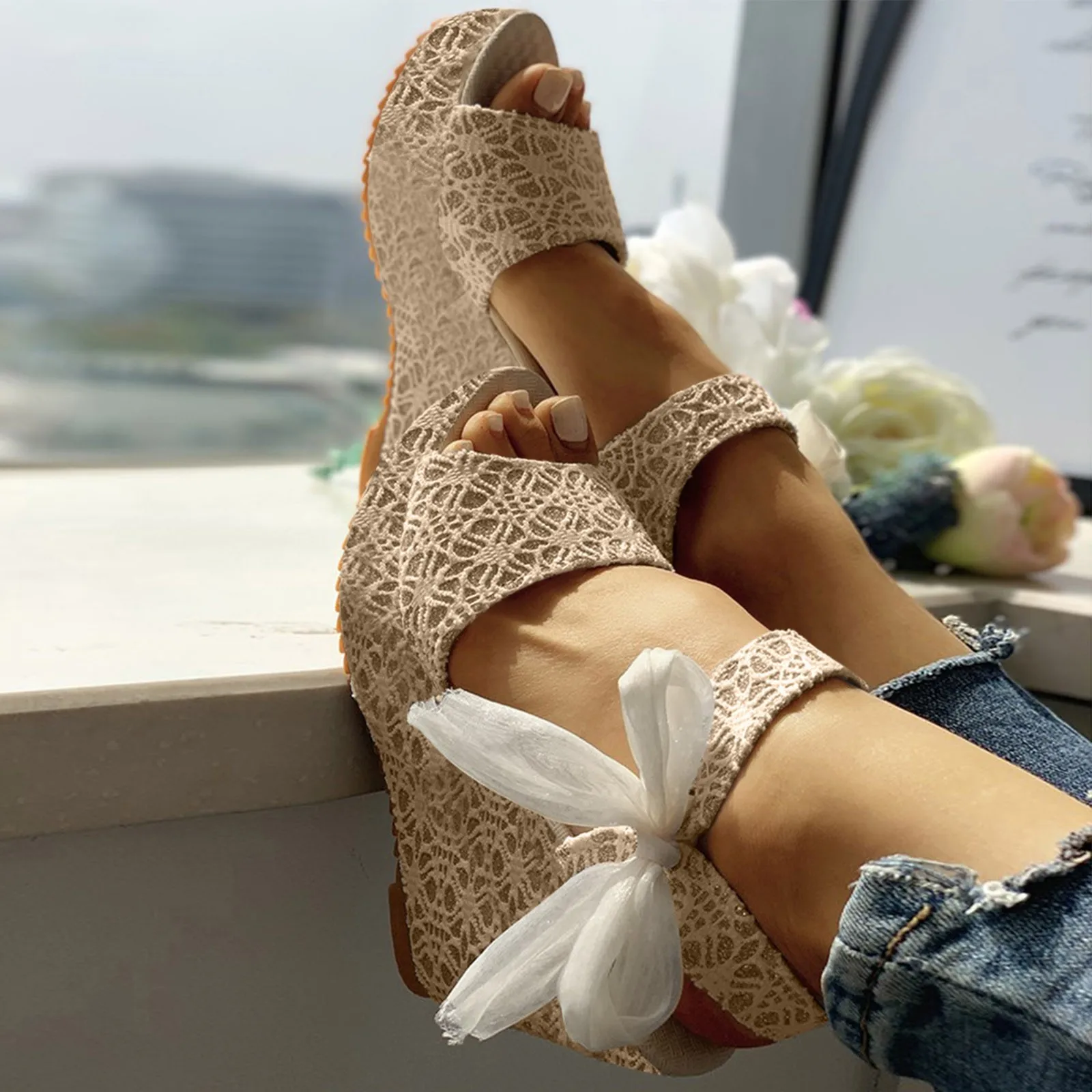 Women High Heel Sandals Open Toe Wedges Spring Summer Sandals Fashion Platform Ribbon Lace Up Daily Dressy Sandalias de mujer