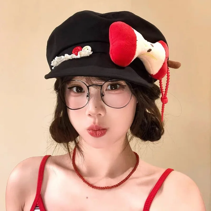 

Japanese Y2k Cartoon Apple Decorated Beret Women's Spring and Autumn Sweet and Cute Big Version Soft Brim Octagonal Painter Hat