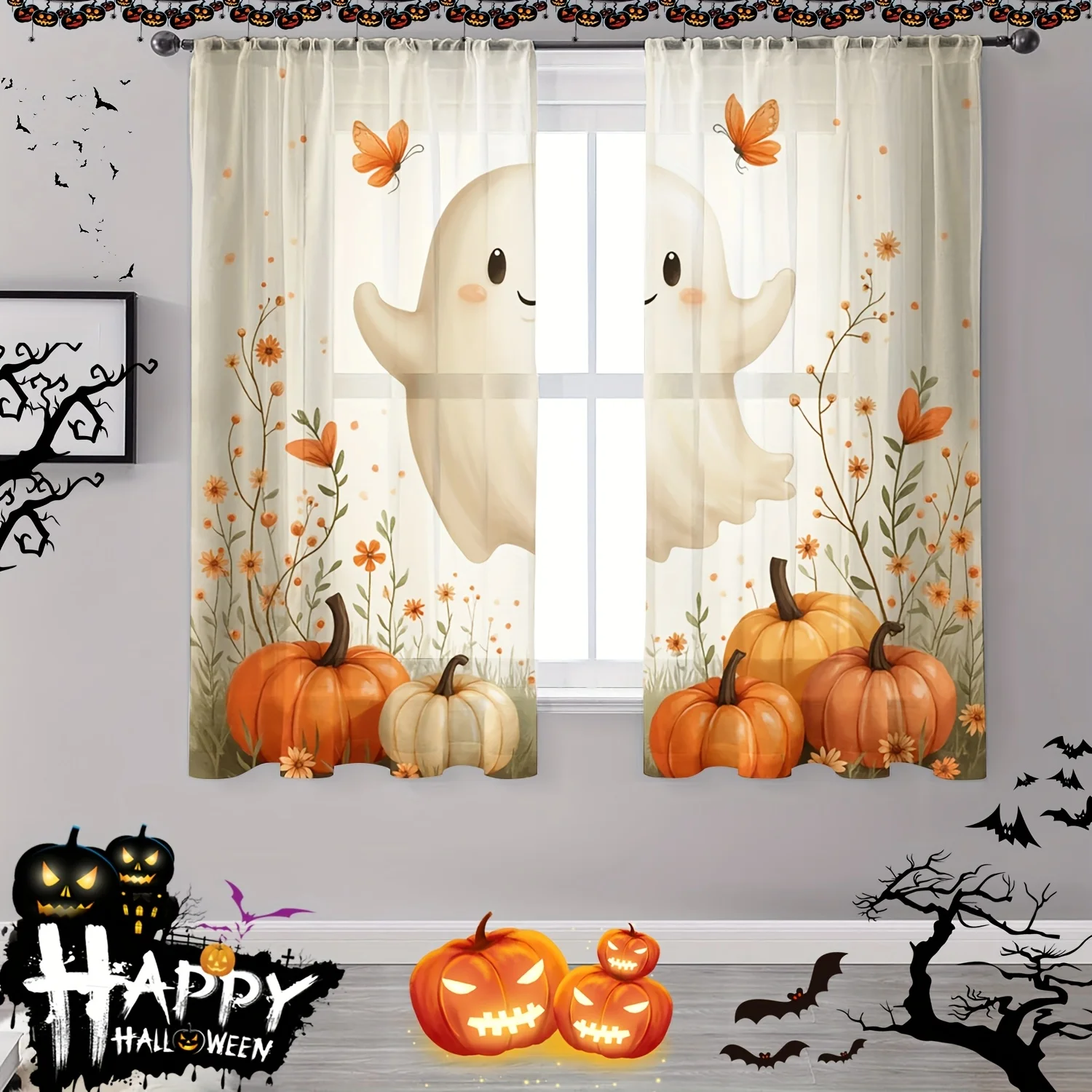 2pcs Halloween Ghost Pumpkin Curtains - Pocket-Sized Rod Installation, Soft Light Filtering, Privacy Protection, Classic Digital