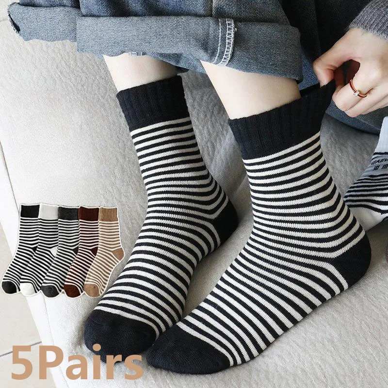 

5Pairs Thicken Striped Short Socks Women Autumn Winter Warm Breathable Mid-tube Sock Retro Female Cold-resistant Student Socks
