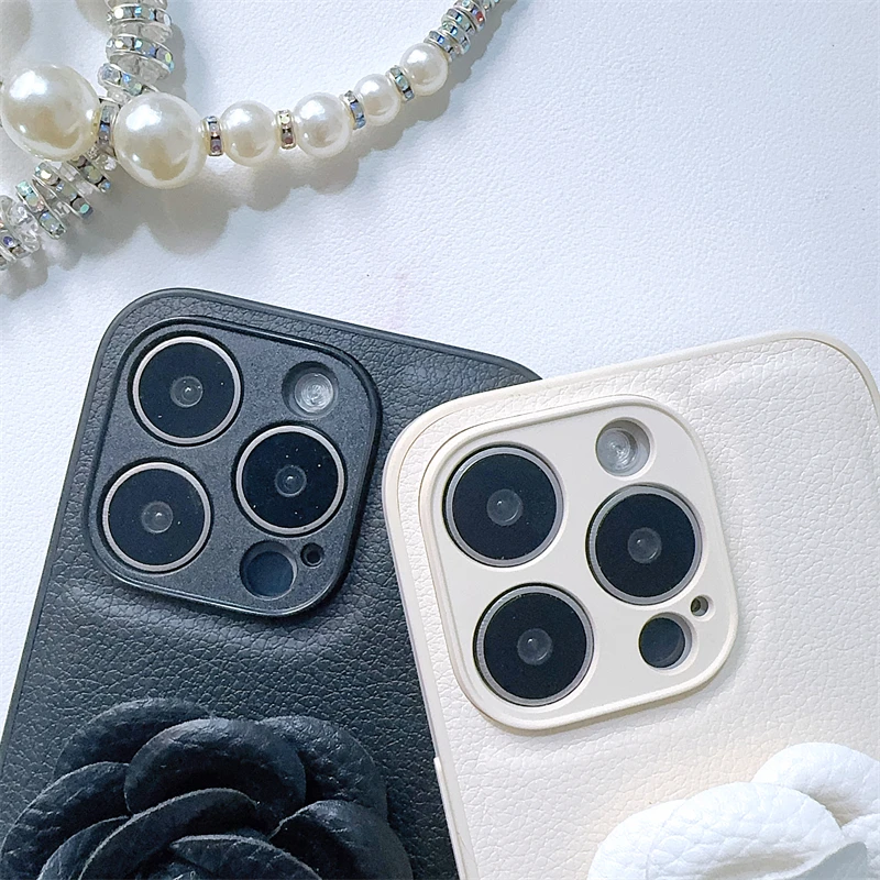 Luxury fashion stereoscopic camellia PU leather Case for iPhone 16 15 14 Phone Cover 13 12 11 Pro MAX Hard Shockproof Back Funda