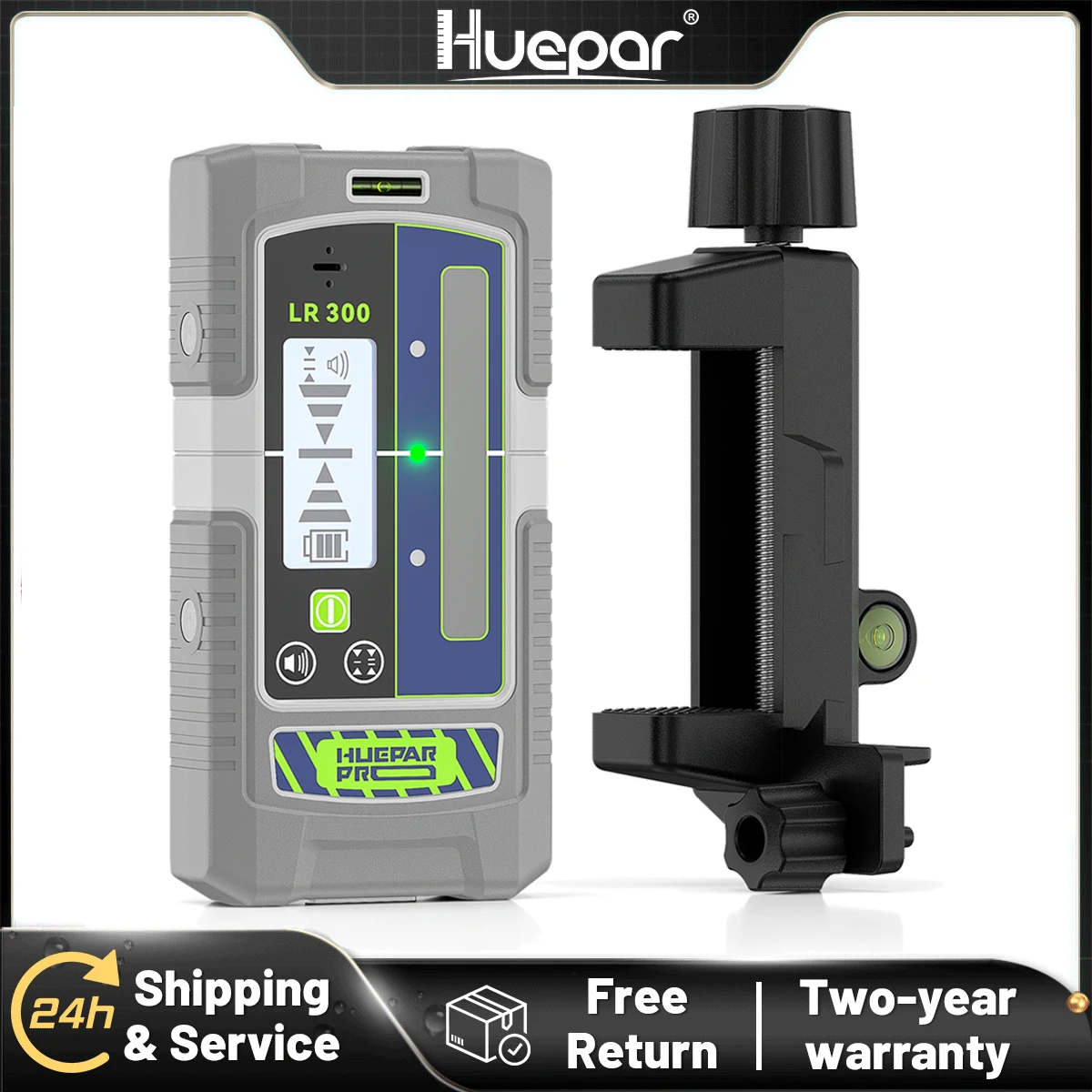 Huepar LR300 Laser Level Receiver Detector for Red and Green Laser Lines With Dual Bubble Level & Precision Mode 3-Level Volume